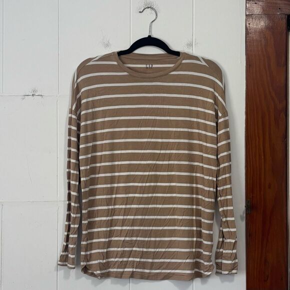 GAP Tan White Striped Basic Long Sleeve T-Shirt Size Small - Picture 1 of 4